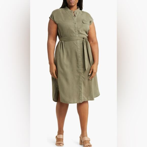 Caslon Cap Sleeve Button Front Tie Waist Utility Midi Dress Olive Green Size 3X - Picture 1 of 11